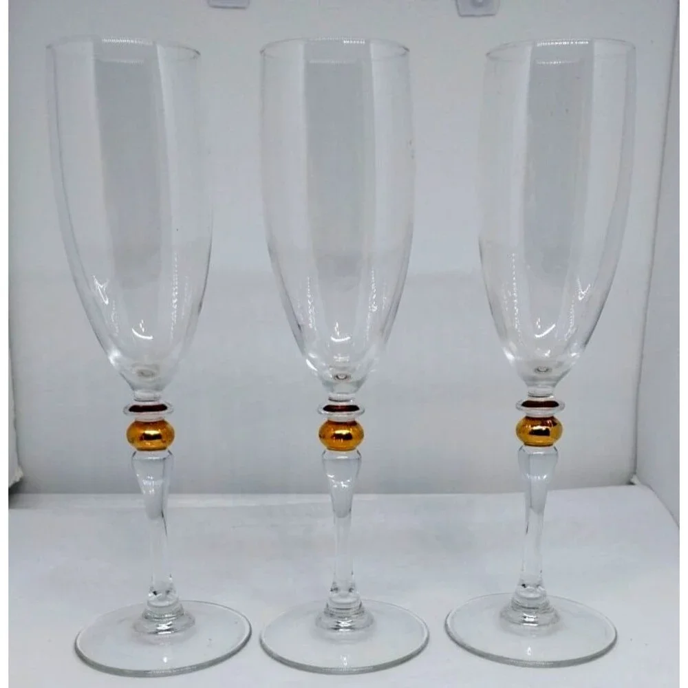 3 Champagne Flutes Cortina Gold Wafer in Stem by Cristal D'Arques-Durand